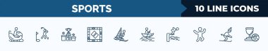 set of 10 sports web icons in outline style. thin line icons such as person riding on sleigh, golf player, podium with cup, board gaming, man windsurfing, man in canoe, swimming jump, skiing down