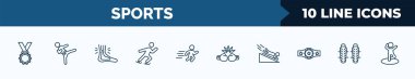 set of 10 sports web icons in outline style. thin line icons such as golden medal, karate fighter, sprained ankle, ice skating man, man sprinting, two boxing gloves, scuba diving, shin guards vector