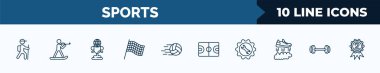set of 10 sports web icons in outline style. thin line icons such as trekking, biathlon, world cup, chequered flag, volleyball ball, basketball court, equipment, gym weight vector illustration.