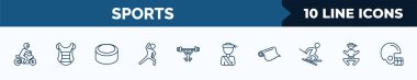 set of 10 sports web icons in outline style. thin line icons such as motorbike riding, chest guard, hockey puck, stretching, weight lifting, pencak silat, foil, wushu vector illustration.