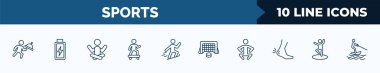 set of 10 sports web icons in outline style. thin line icons such as waiter falling, batter, yoga posture, skating, jumping ski, hockey goal, squat, dancer motion vector illustration.