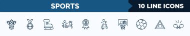 set of 10 sports web icons in outline style. thin line icons such as soccer football ball, weight lifting medal, ski boots, excercise, third, boy with skatingboard, basketball basket, left bend