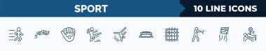 set of 10 sport web icons in outline style. thin line icons such as trail running, rallycross, baseball glove, kung fu, tumbling, tennis court, go game, drifting vector illustration.