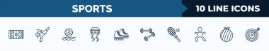 set of 10 sports web icons in outline style. thin line icons such as hockey arena, breakdance, waterpolo, drift car, roller skate, weighted bars, squash, exercise ball vector illustration.