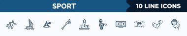 set of 10 sport web icons in outline style. thin line icons such as sprint, windsurf, wakeboarding, baseball, podium, basketball, scoreboard, boxing vector illustration.
