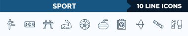 set of 10 sport web icons in outline style. thin line icons such as karate, soccer field, gymnastics, muscle, soccer ball, curling, match, snowboard vector illustration.