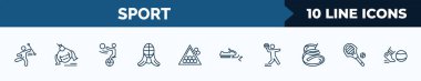 set of 10 sport web icons in outline style. thin line icons such as baton twirling, sumo, unicycling handball, kendo, snooker, snowmobile sport, dodgeball, lacrosse vector illustration.