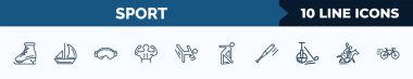 set of 10 sport web icons in outline style. thin line icons such as figure skating, sailboat sport, sport goggles, bodybuilding, aikido, aerobics, baseball bat, horseball vector illustration.