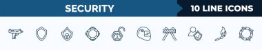 set of 10 security web icons in outline style. thin line icons such as uzi, black shield, protector, lifeguard float, sha 2, racing helmet, barricade, match fire vector illustration.
