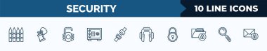 set of 10 security web icons in outline style. thin line icons such as picket, smoke grenade, open access, safe box, seat belt, boxing helmet, padlock unlocked, transparent vector illustration.