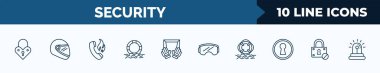 set of 10 security web icons in outline style. thin line icons such as padlocks, motorbike helmet, fire phone, float, goalkeeper, ski goggles, life saver, blocked padlock vector illustration.