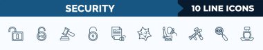 set of 10 security web icons in outline style. thin line icons such as unlocked padlock, underage, court gavel, padlock close, unlocked file, e, airbag, insight vector illustration.