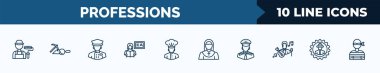 set of 10 professions web icons in outline style. thin line icons such as dyer, archeologist, concierge, teacher, chef, nun, pilot, mechanical engineer vector illustration.
