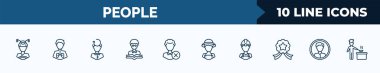 set of 10 people web icons in outline style. thin line icons such as japan geisha, pulmonary, rethink, teacher reading, bad employee, farmers, constructor, masculine avatar vector illustration.