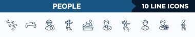 set of 10 people web icons in outline style. thin line icons such as slide down, man hair, steal, girl dancing, chiropractic, good employee, dancers, layer working vector illustration.