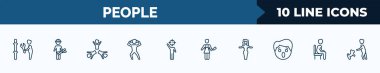 set of 10 people web icons in outline style. thin line icons such as plumber working, architect, succes team, pulling hair, man with target, butcher with knife, elegance, sit down vector