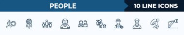 set of 10 people web icons in outline style. thin line icons such as effort, bohemian, father and children, small boy, brothers, man girl and dog, technician, burden vector illustration.
