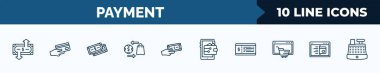 set of 10 payment web icons in outline style. thin line icons such as transfer money, debit payment, dollar, trade, payment, online wallet, voucher, web vector illustration.