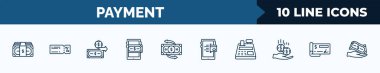set of 10 payment web icons in outline style. thin line icons such as cash money, discount voucher, pay, mobile money, money transfer, mobile payment, cash register, check vector illustration.
