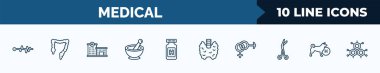 set of 10 medical web icons in outline style. thin line icons such as pulse line, colon, hospital building front, phary tool, pills jar, thyroid gland, united heterosexual, canine vector