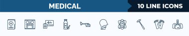 set of 10 medical web icons in outline style. thin line icons such as medical results folders, x ray of bones, diagtic, syrup medicine bottle, heliport, pharynx, atomic structure, dead vector