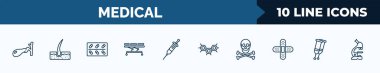 set of 10 medical web icons in outline style. thin line icons such as gallbladder, dermis, cure, table of treatments, syringe with medicine, three hexagons cell, skull and bone, crutches couple