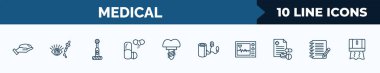 set of 10 medical web icons in outline style. thin line icons such as breast implant, eye drops, electric toothbrush, drugs, implants, blood pressure, ecg, notepad vector illustration.
