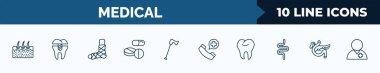set of 10 medical web icons in outline style. thin line icons such as epidermis, premolar, plastered foot, pill, walking stick, emergency call, tooth, pancreas vector illustration.