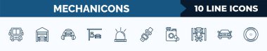 set of 10 mechanicons web icons in outline style. thin line icons such as big bus front, car in a garage, car and headphones, car at gas station, beacon on, seat belt, oil can with big drop,