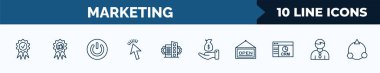 set of 10 marketing web icons in outline style. thin line icons such as benefits, recommendation, on, web cursor, enterprise, sales, open, salesman vector illustration.
