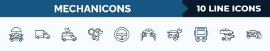set of 10 mechanicons web icons in outline style. thin line icons such as car with an umbrella, lorry side view, van an antenna, repair mechanism, car steering wheel, car on an elevator, repairing,