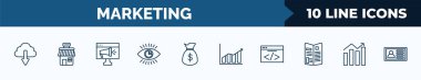 set of 10 marketing web icons in outline style. thin line icons such as download from cloud, shop, online marketing, business eye, get money, marketing graph, webcode, trend vector illustration.