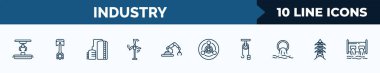 set of 10 industry web icons in outline style. thin line icons such as hinery, piston, oil tank, eco windmill, robotic arm,, chemical weapon, sheave, power tower vector illustration.
