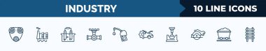 set of 10 industry web icons in outline style. thin line icons such as timing belt, geothermal, electrolysis, pipes, fuel filling, car mechanic, crusher, coal wagon vector illustration.
