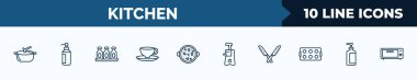 set of 10 kitchen web icons in outline style. thin line icons such as pot, soap dispenser, seasoning, saucer, paella, juicer, knives, liquid soap vector illustration.