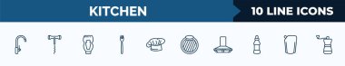set of 10 kitchen web icons in outline style. thin line icons such as kitchen tap, corkscrew, sauces, fork, chef hat, chopping board, extractor hood, ketchup vector illustration.