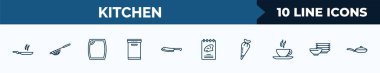set of 10 kitchen web icons in outline style. thin line icons such as pan, strainer, cutting board, dishwasher, cleaver, recipe book, pastry bag, dishes vector illustration.