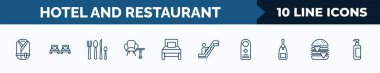 set of 10 hotel and restaurant web icons in outline style. thin line icons such as bathrobe, beds, eating utensils, lounge, single bed, or, door hanger, cheese burger vector illustration.