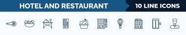 set of 10 hotel and restaurant web icons in outline style. thin line icons such as doorknob, vegetarian, room service, vending hine, frozen yogurt, hotel, balloon, elevator vector illustration.
