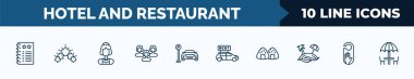 set of 10 hotel and restaurant web icons in outline style. thin line icons such as agenda, five stars, servant, people, parking, rent a car, onigiri, do not disturb vector illustration.