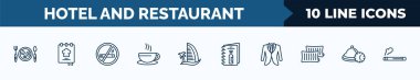 set of 10 hotel and restaurant web icons in outline style. thin line icons such as breakfast, cookbook, no smoking, coffee, beach hotel, wine menu, suits, reservation vector illustration.