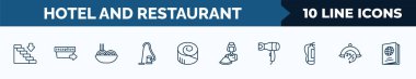 set of 10 hotel and restaurant web icons in outline style. thin line icons such as go down, check out, spaghetti, vacuum cleaner, cinnamon roll, reception, hairdryer, 24 service vector illustration.