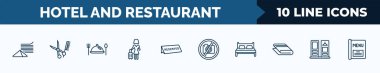 set of 10 hotel and restaurant web icons in outline style. thin line icons such as napkins, barbershop, meal, guest, reserved, no pictures, double bed, checkroom vector illustration.
