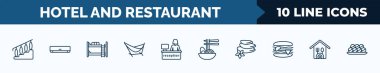set of 10 hotel and restaurant web icons in outline style. thin line icons such as stairway, air conditioner, bunk, hammock, receptionist, ramen, hot stones, restaurant vector illustration.