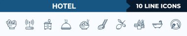 set of 10 hotel web icons in outline style. thin line icons such as salad, free wifi, nightstand, dish, rice, sushi, olives, bathtub vector illustration.