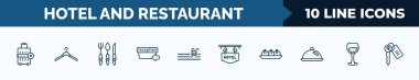 set of 10 hotel and restaurant web icons in outline style. thin line icons such as left-luggage, hanger, cutlery, check in, pool, hotel, dim sum, wine glass vector illustration.