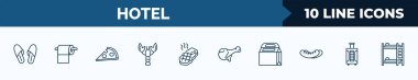 set of 10 hotel web icons in outline style. thin line icons such as slippers, toilet paper, pizza, lobster, steak, fried chicken, take away, luggage vector illustration.