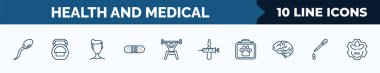 set of 10 health and medical web icons in outline style. thin line icons such as sperm, kettlebell, boy, band aid, weightlifting, injection, veterinary, pipette vector illustration.