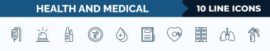 set of 10 health and medical web icons in outline style. thin line icons such as medical drip, emergency, ampoule, medical, blood drop, book, beat, lung vector illustration.