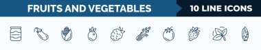 set of 10 fruits and vegetables web icons in outline style. thin line icons such as mason jar, aubergine, corn, passion fruit, blackberry, celery, tomato, basil vector illustration.